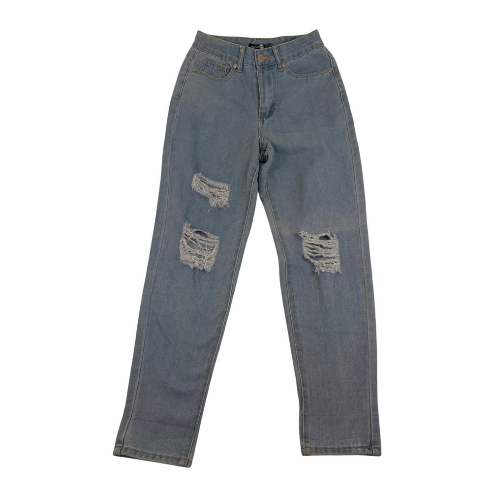 Boohoo Blue Light Wash Distressed Mom Jeans High Rise Ripped Denim US 2 UK 6
